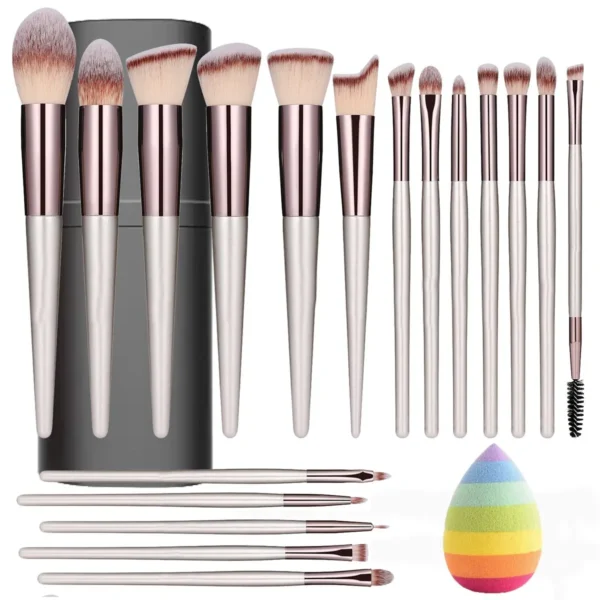 Elevate your makeup game with our luxurious 18-Piece Premium Makeup Brush Set in a chic A-Champagne color scheme. This comprehensive set includes a full range of synthetic brushes for foundation, powder, concealer, eye shadow, blush, and more!